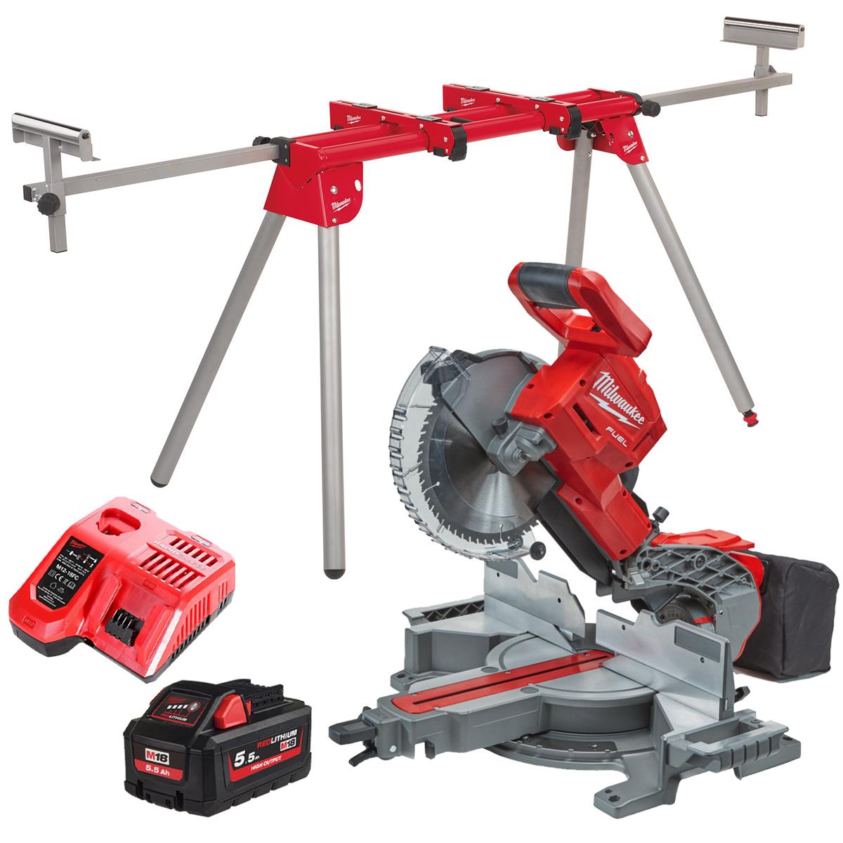 Milwaukee M18FMS254-0 18V FUEL Brushless 254mm Compound Mitre Saw with 1 x 5.5Ah Battery Charger & Extendable Saw Stand