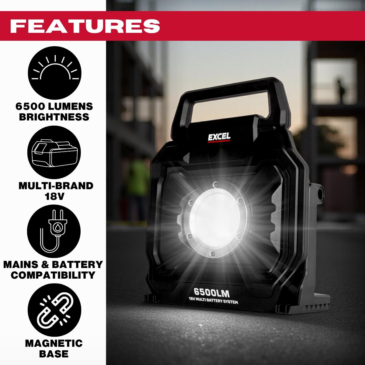 Excel 18V/240V LED Work Light 6500 Lumens with Dewalt 1 x 4.0Ah Battery & Charger