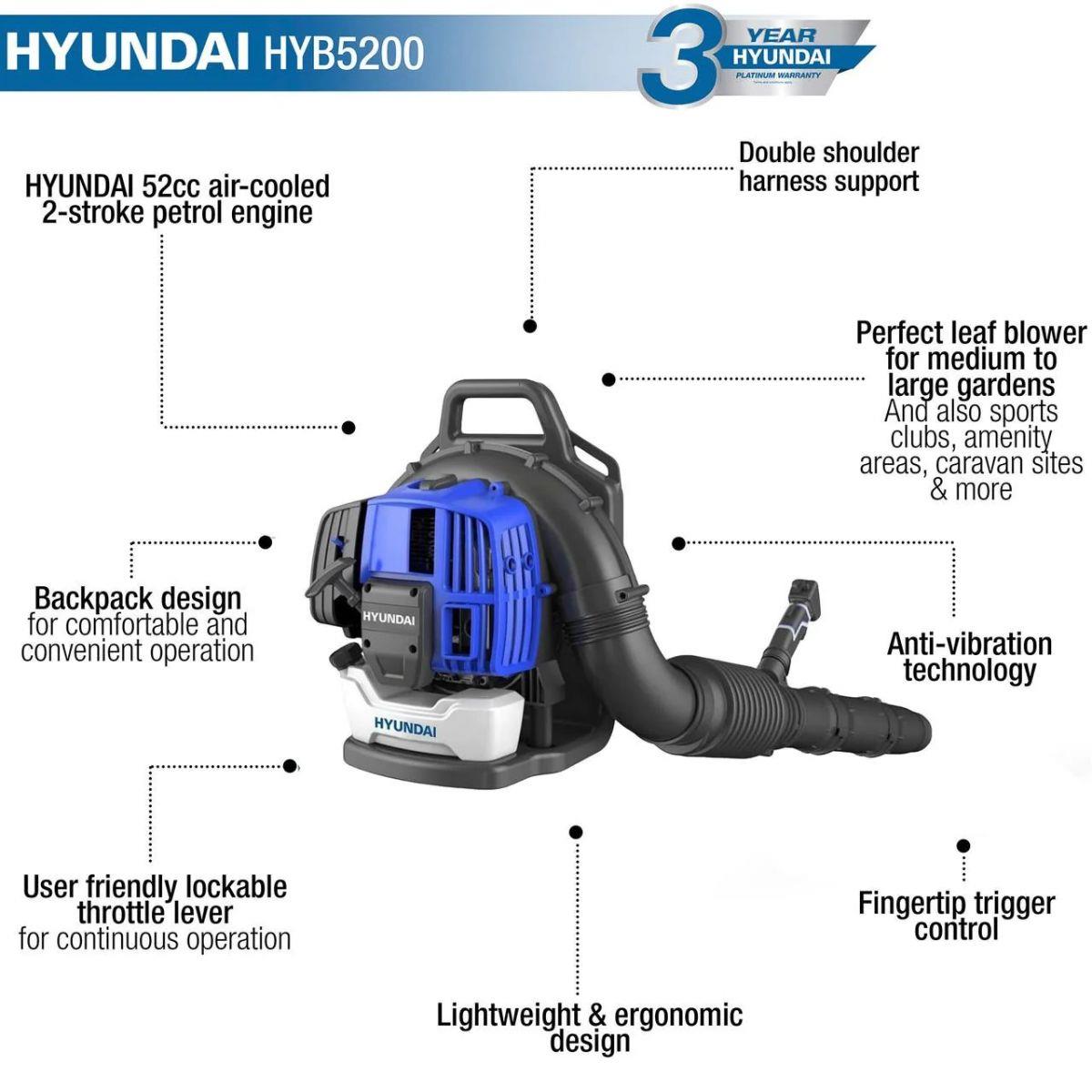 Hyundai HYB5200 52cc 2-Stroke Backpack Petrol Leaf Blower, 170mph Air Speed