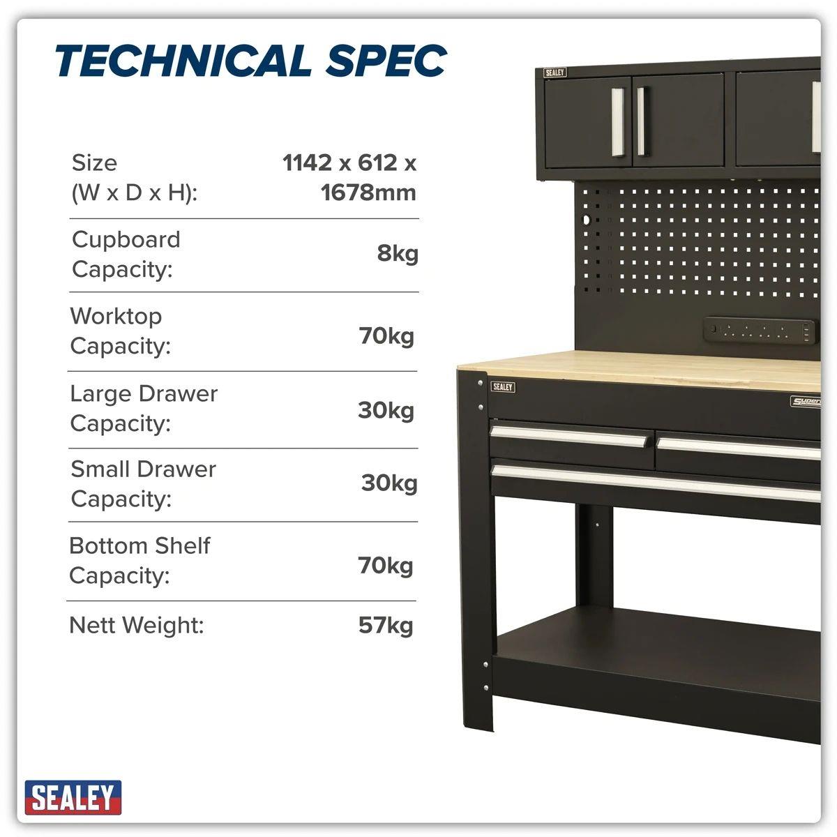 Sealey AP12701 Superline PRO Workbench with Pegboard Back Panel, Power Bar & Wooden Worktop
