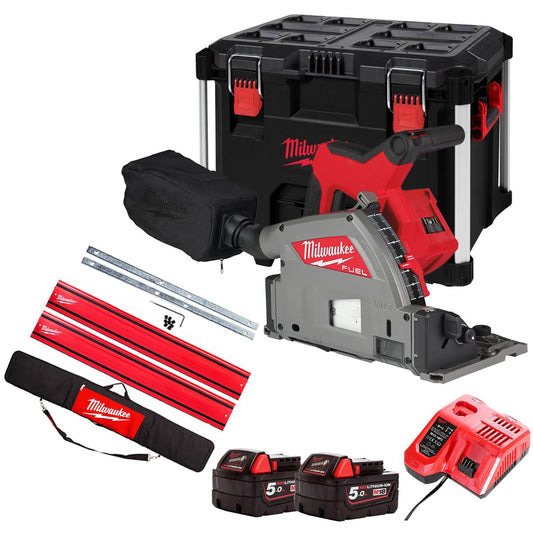 Milwaukee M18FPS55-0PEB 18V 165mm Fuel Brushless Plunge Saw with 2 x 5.0Ah Battery & Guide Rail Kit