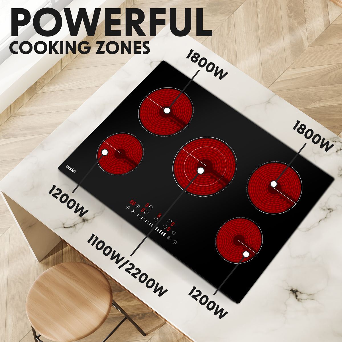 Sealey DH175 Baridi Integrated Ceramic Hob with 5 Cooking Zones 77cm 8200W Output
