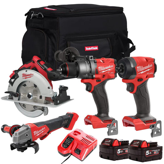 Milwaukee M18FPP6Z-502B 18V Brushless 4 Piece Power Tool Kit With 2 x 5.0Ah Batteries Charger & Bag