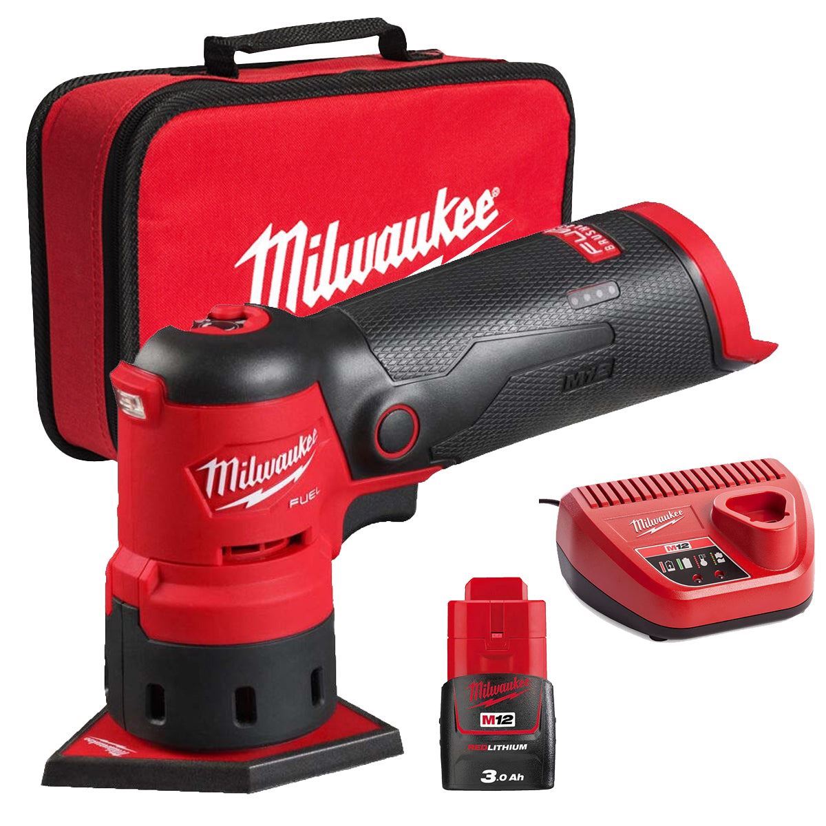 Milwaukee M12FDSS-0B 12V Brushless Spot Sander with 1 x 3.0Ah Battery Charger & Bag