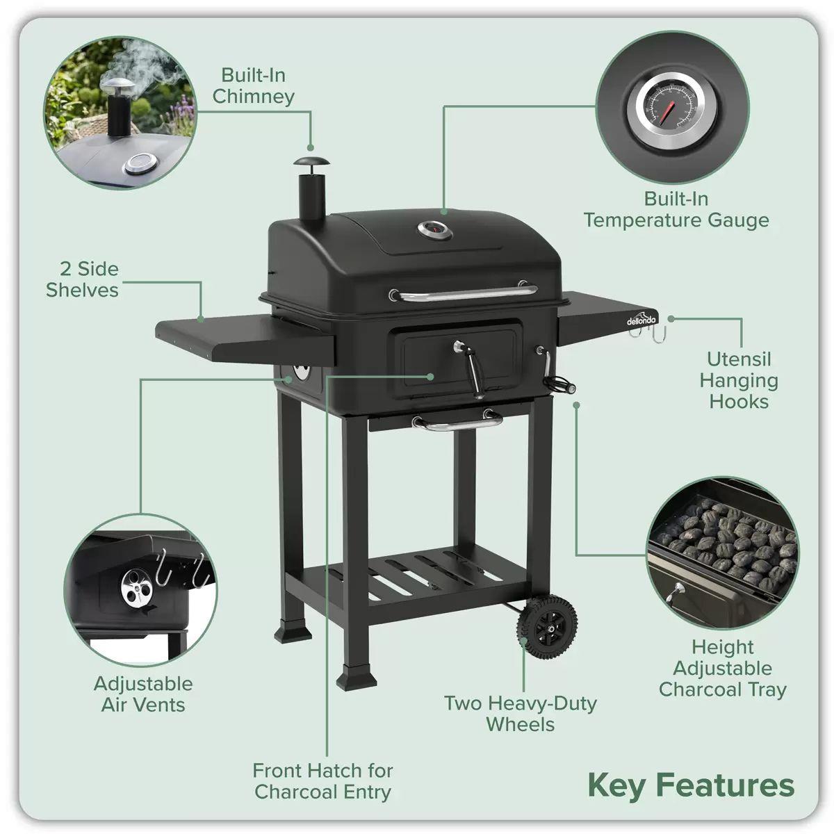Sealey DG283 Dellonda Charcoal Grill BBQ Smoker and Trolley with 2 Side Shelves Black
