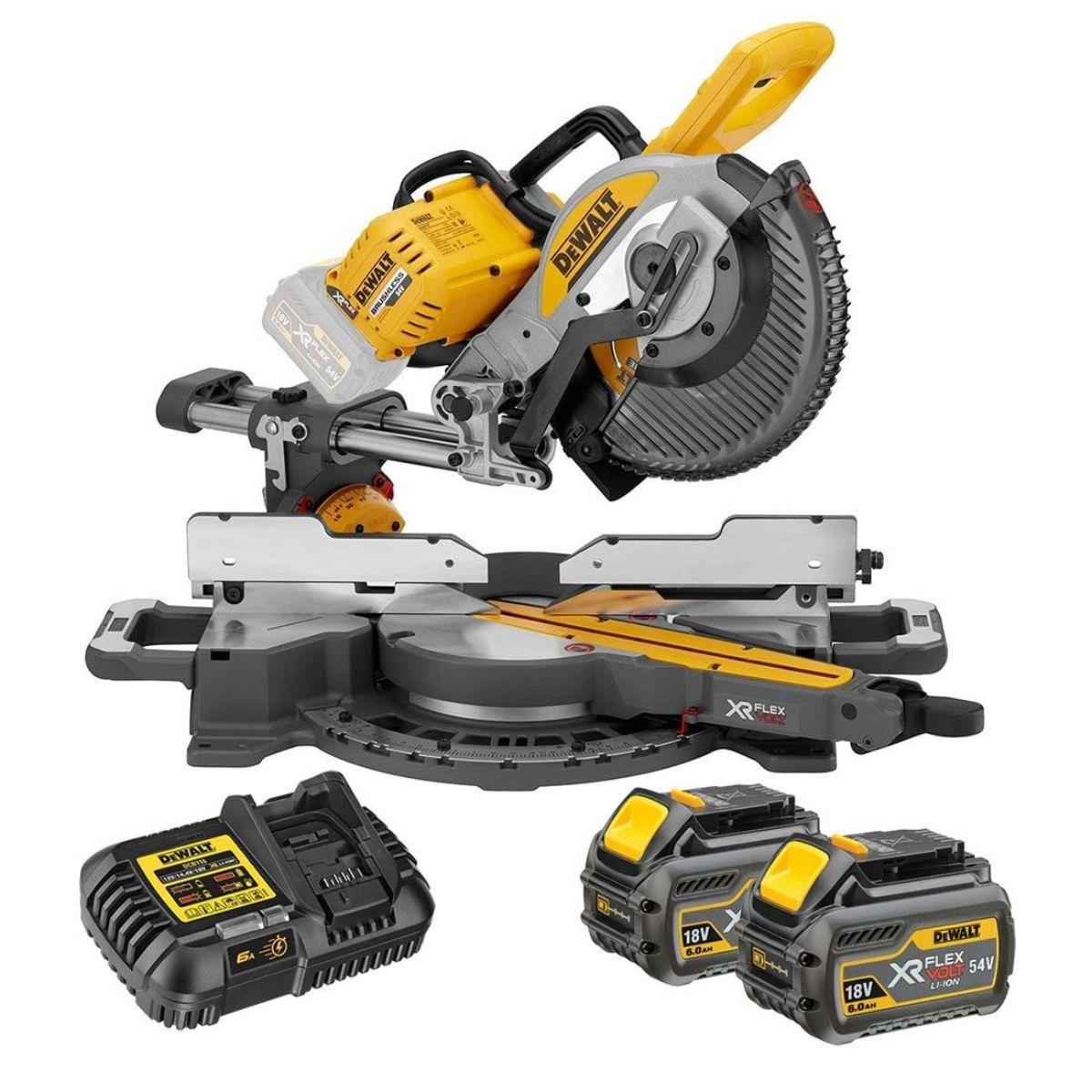 Dewalt DCS727T2-GB 54V XR Flexvolt Brushless 250mm Double Bevel Sliding Mitre Saw with 2 x 6.0Ah Battery & Charger