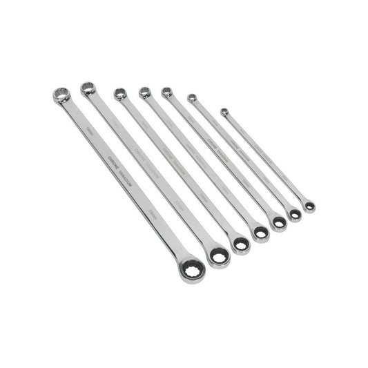 Sealey AK6319 Double Ring Ratchet/Fixed Spanner Set 7 Piece Extra Long Metric