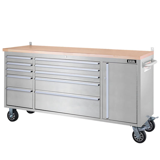 Excel 72" 10 Drawer Stainless Steel Roller Cabinet & Heavy Duty Workbench