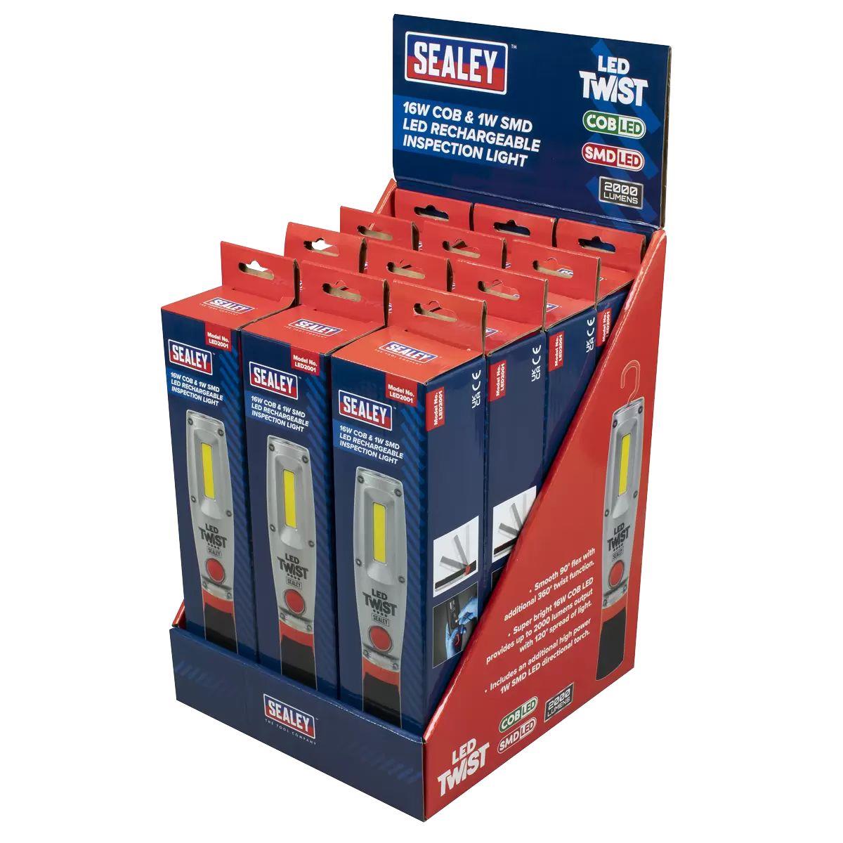 Sealey LED2001DB LED Twist Rechargeable Inspection Light 16W Cob & 1W Smd Display Box of 12