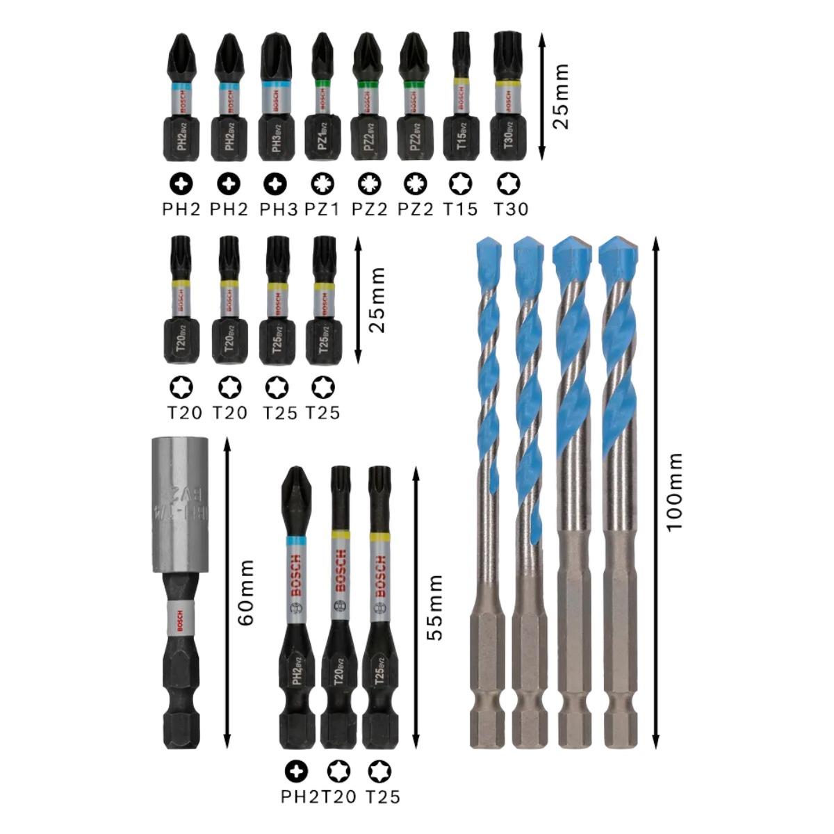 Bosch PRO 20 Piece Impact Screwdriving & Multi Construction Drilling Mixed Bit Set 2608521U83 - SPL