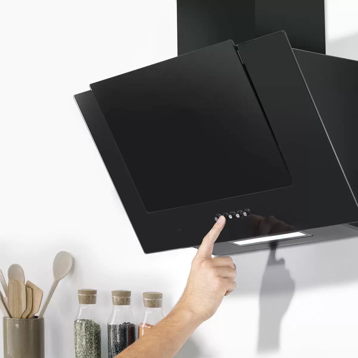 Sealey DH129 Baridi Angled Chimney Cooker Hood with Carbon Filters & LED Lamp Black Glass 240V