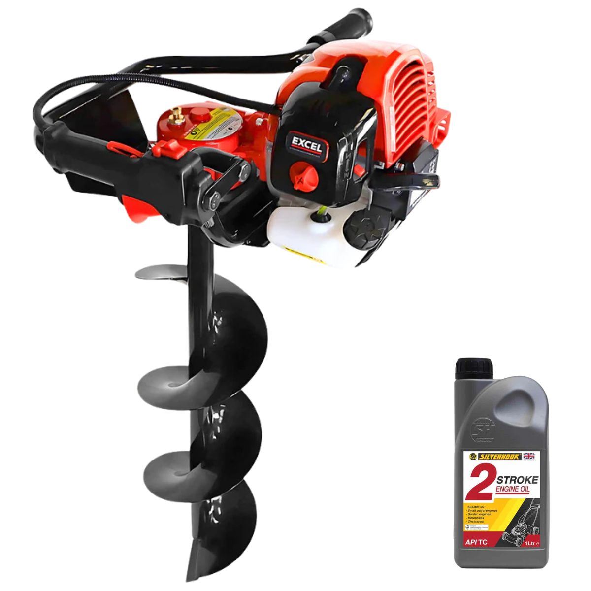 Excel 52cc Petrol Earth Auger with 3 Augers & Engine Oil