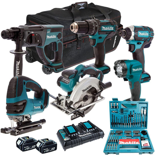 Makita 18V 6 Piece Combo Kit with 2 x 5.0Ah Batteries & 100 Piece Bit Set T4TKIT-192