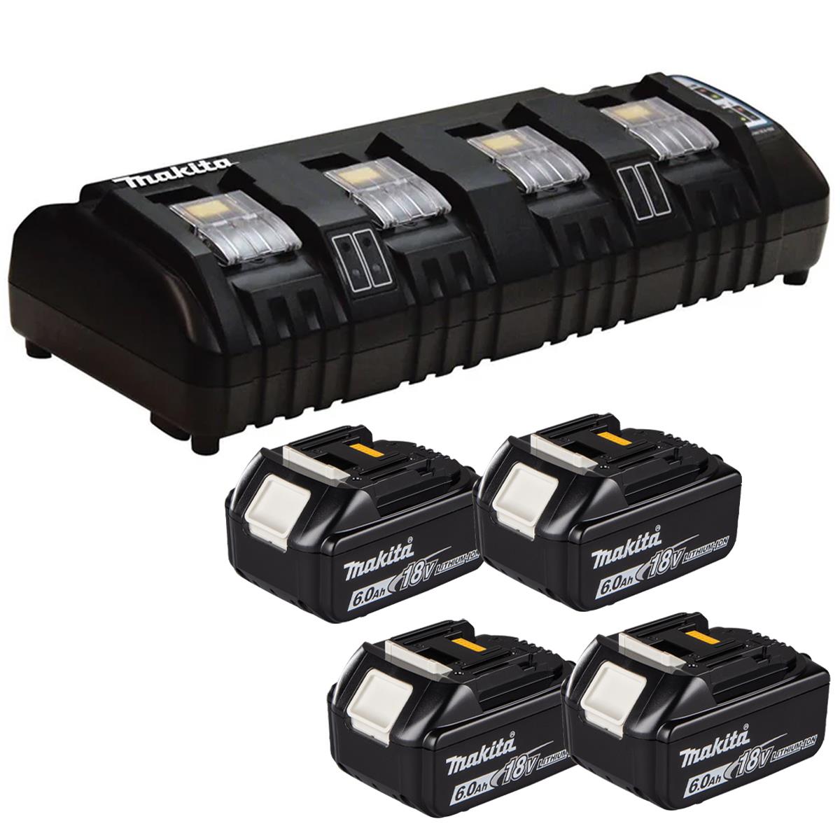 Makita DC18SF 14.4V - 18V Multi Four Port Battery Charger 240V with 4 x 6.0Ah Battery