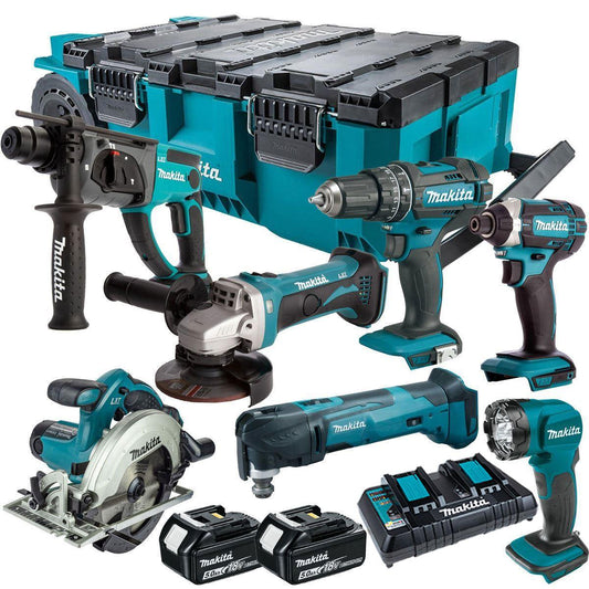 Makita 18V 7 Piece Combo Kit with 2 x 5.0Ah Batteries & MAKTRAK Trolley Toolbox