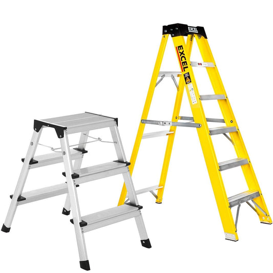 Excel Heavy Duty Fibreglass 6 Tread Ladder with 3 Step Hop Up Ladder