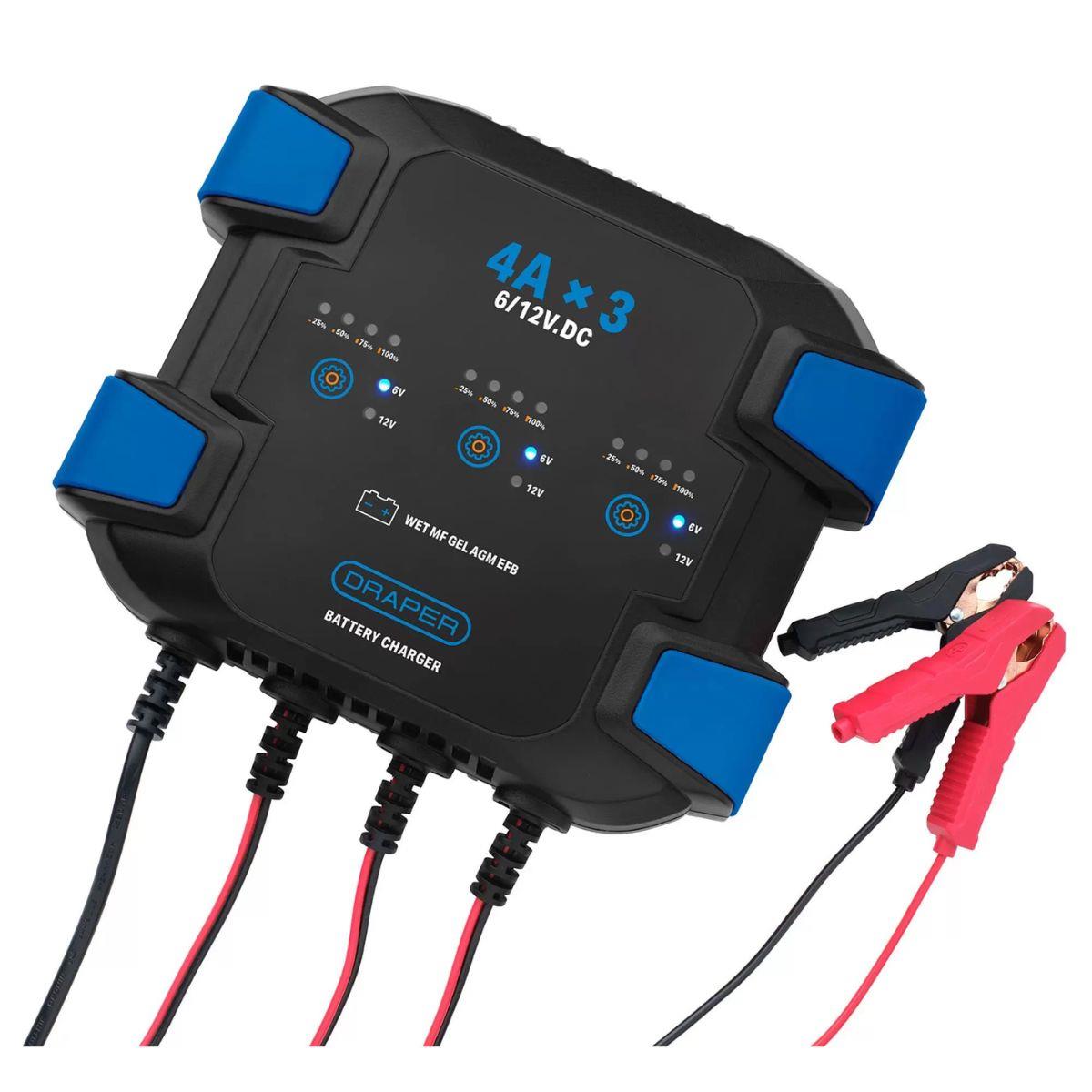Draper SBC4X3 3 Bank 6/12V Smart Battery Charger 12A Automatic Multi-Battery Maintainer 32276
