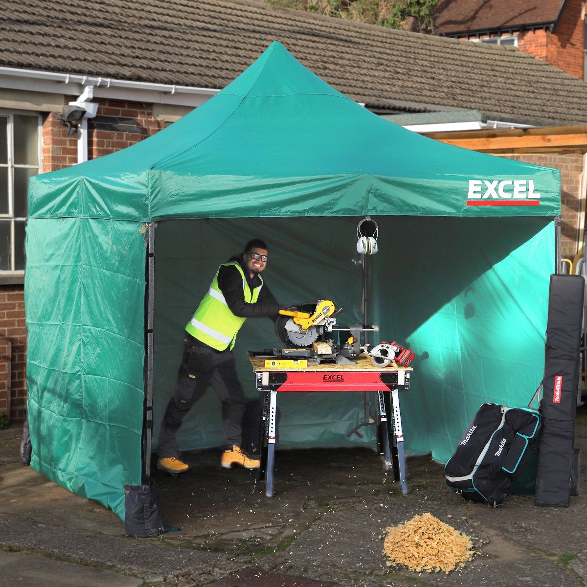 Excel Steel Gazebo 3m x 3m Green with Wheel Bag, Wall panel, Sand Bag