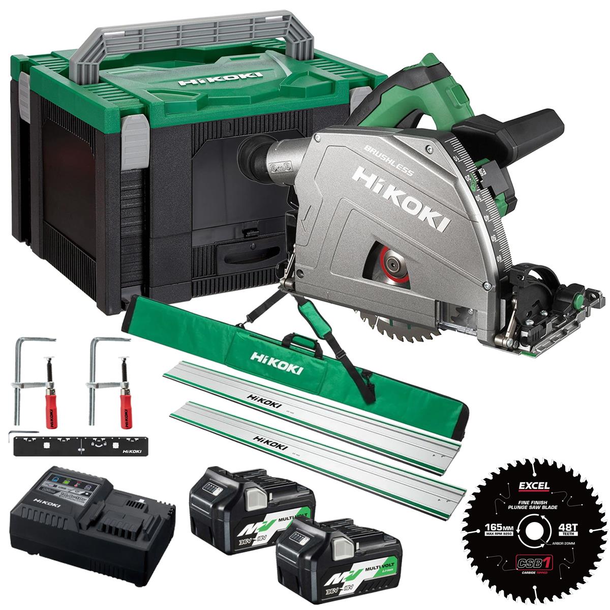 HiKOKI C3606DPAW2Z 36V MultiVolt Brushless 165mm Plunge Saw with 2 x 2.5Ah/5.0Ah Batteries with Guide Rail Kit & Blade