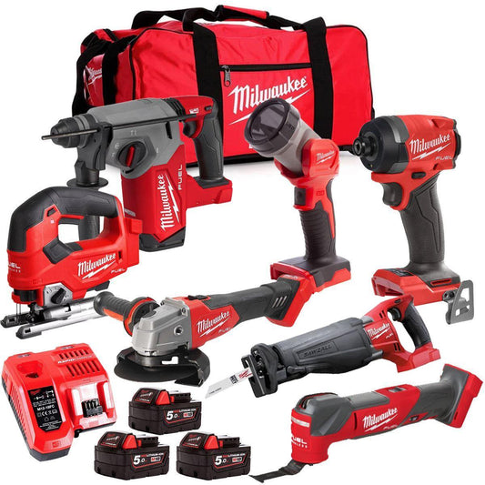 Milwaukee M18FPP6L3-503BK4 18V Brushless 7 Piece Tool Kit with 3 x 5.0Ah Batteries Charger & Wheeled Bag