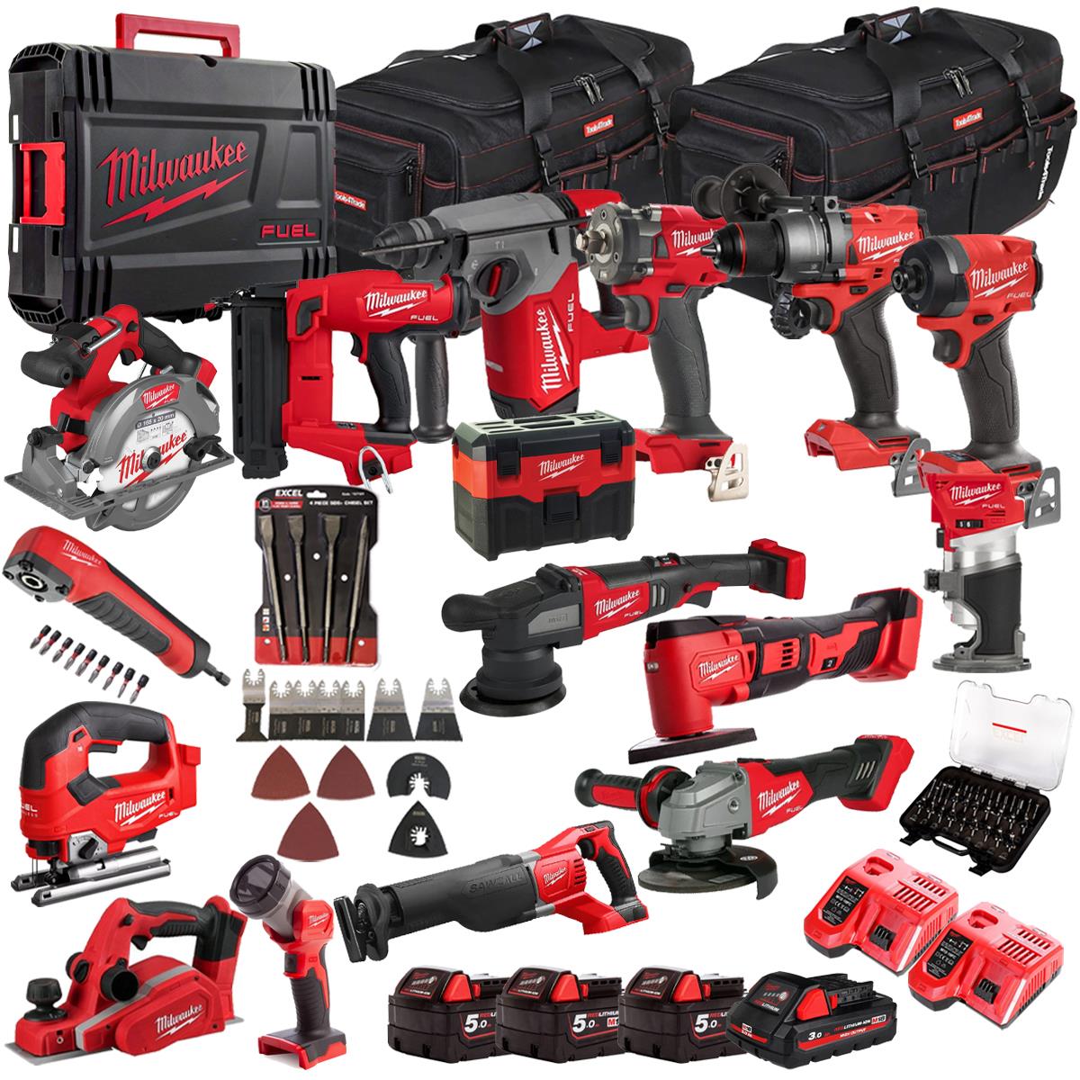 Milwaukee 18V 15 Piece Combo Kit with 4 x Batteries & Charger & Accessory Set M18T4TKIT-4621
