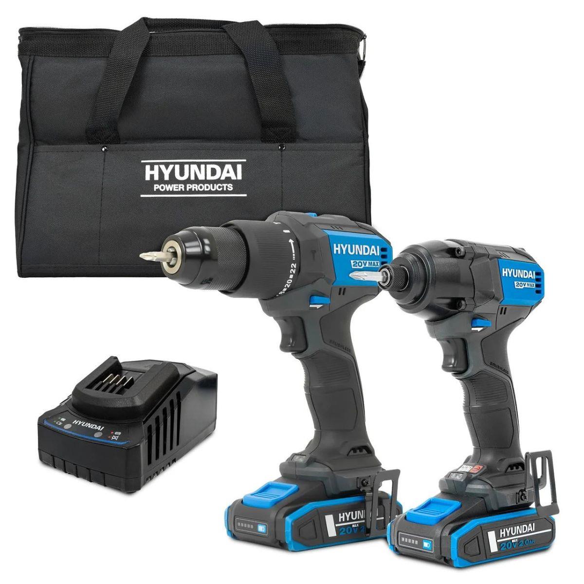 Hyundai S01-T2B 20V Cordless 65Nm Hammer Drill and 230Nm Impact Driver Brushless Kit With 2 x 2.0Ah Li-ion Batteries and 2A Charger
