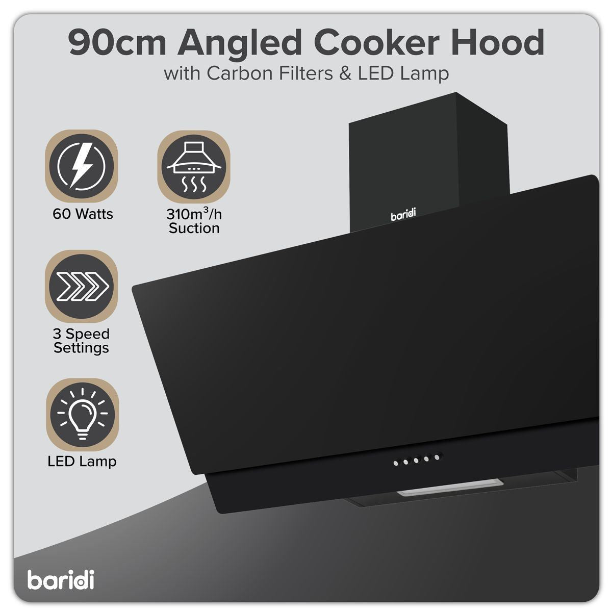 Sealey DH106 Baridi Angled Chimney Cooker Hood with Carbon Filters & LED Lamp 90cm Black Glass