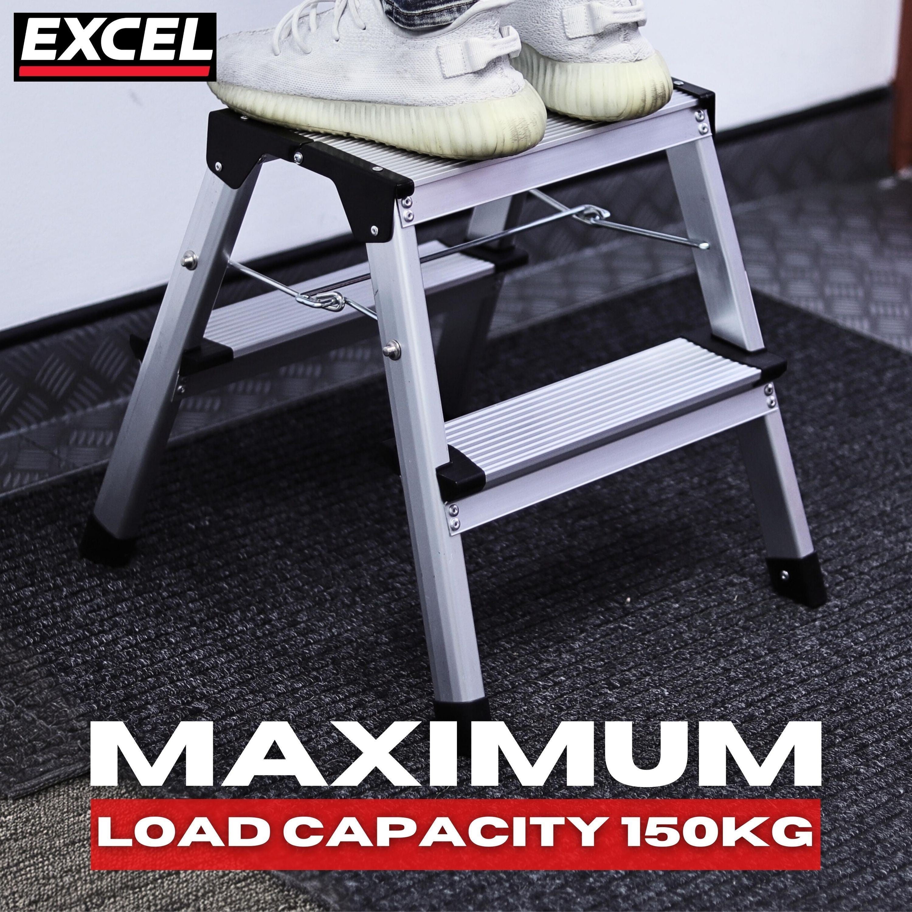 Excel Aluminium Stool Ladder 2 Tread Heavy Duty Folding Hop Up 350mm x 400mm Item Condition Box Opened Never Used
