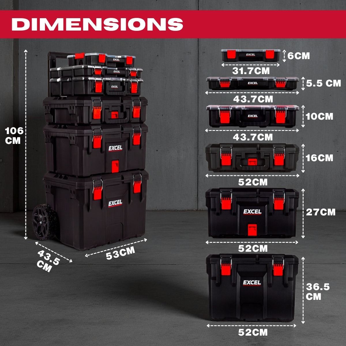 Excel Modular Tool Box Heavy Duty Mobile Storage 6 Piece Set with Organiser & Wheels