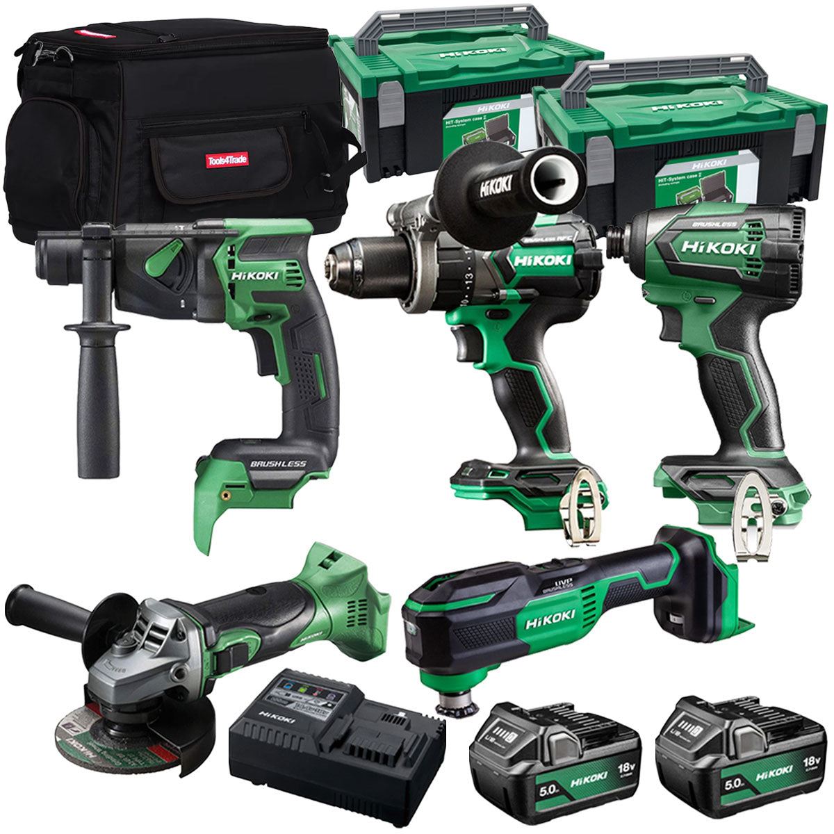 Hikoki 18V 5 Piece Power Tool Combo Kit with 2 x 5.0Ah Battery & Charger T4TKIT-27305