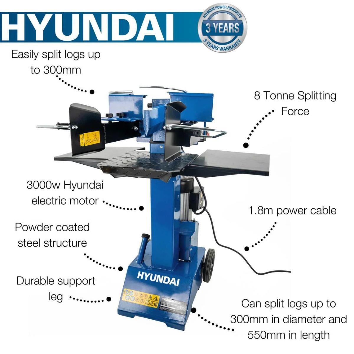 Hyundai HYLS8000VE 8 Tonne Vertical Electric Log Splitter with Hydraulic Ram, Dual Handle Control 550mm Length