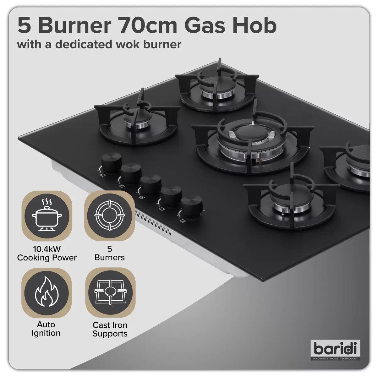 Sealey DH384 Baridi 70cm Gas Hob Matt Black with 5 Burners, Cast Iron Supports & Auto Ignition 10.4kW/230V