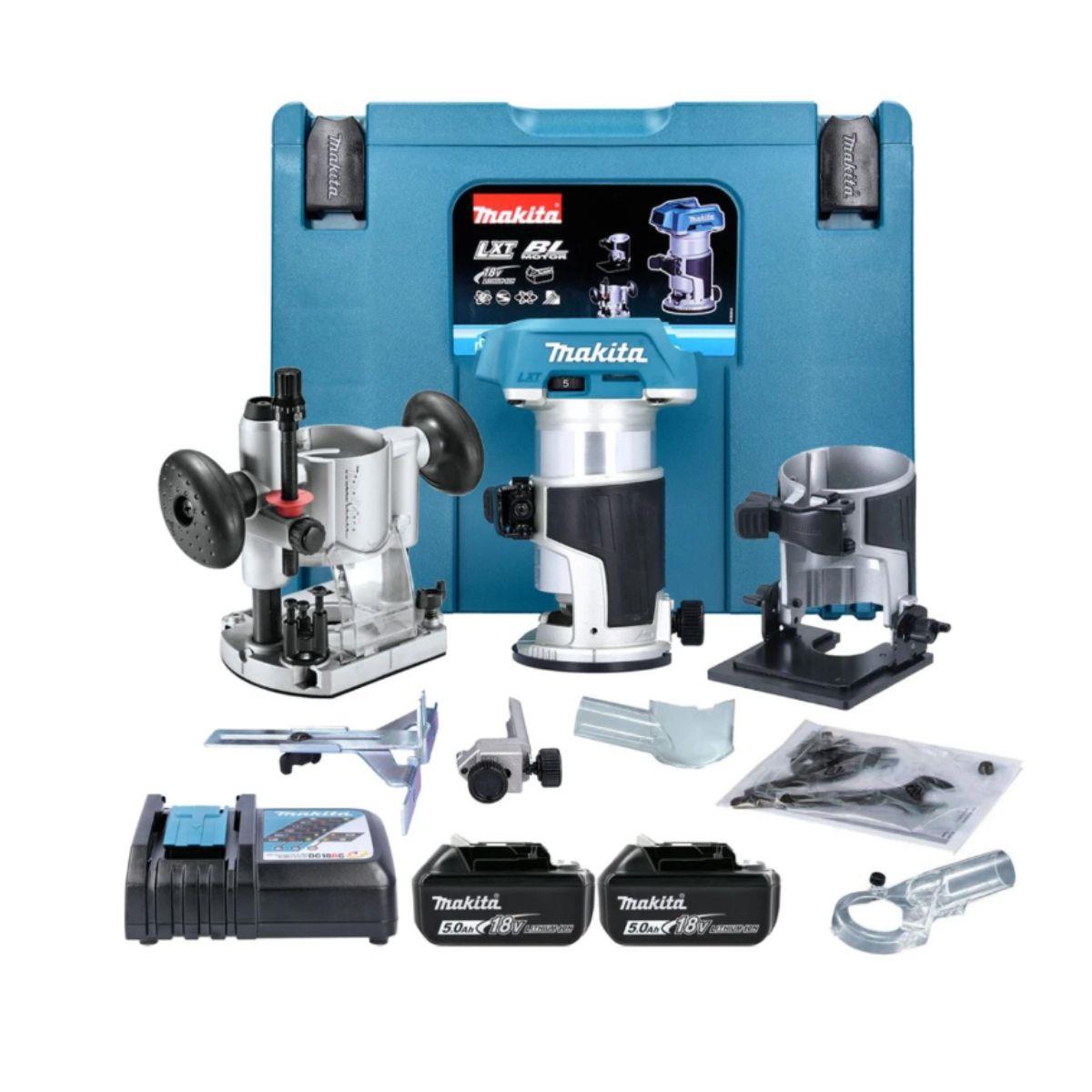 Makita DRT50RTJX2 Router Trimmer 18V LXT Cordless Brushless 6/8mm Collet Capacity 800W With 2 x 5.0Ah Batteries, Charger & Case