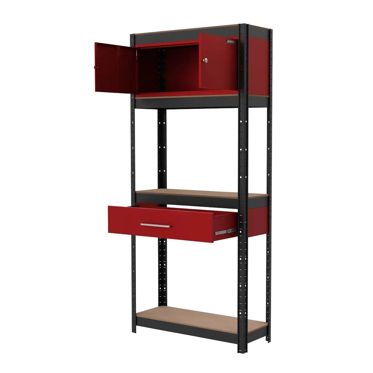 Sealey AP830R Shelving Unit 4-Tier with Cupboard & Drawer 150kg Capacity Per Level