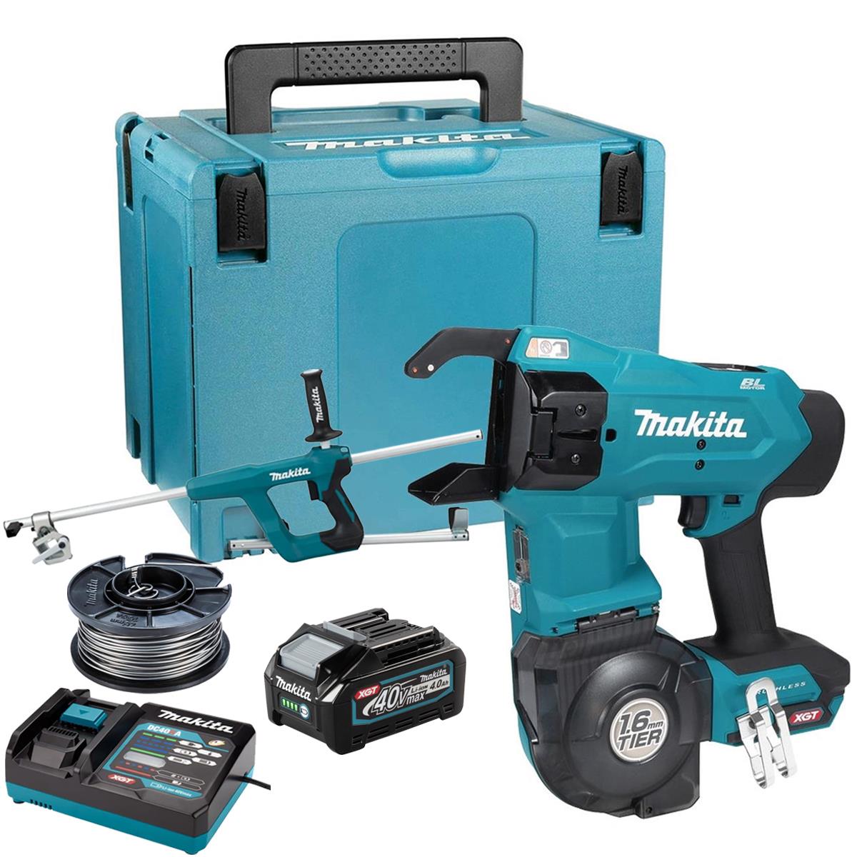 Makita TR001GZ 40V Max XGT Brushless Rebar Tying Tool With Annealed Tie Wire + Extension Handle Set With 1 x 4.0Ah Battery Charger & Case