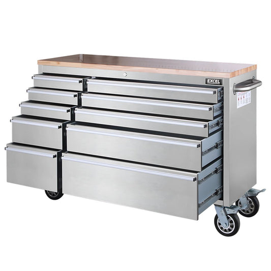 Excel 55" 10 Drawer Stainless Steel Roller Tool Cabinet & Workbench