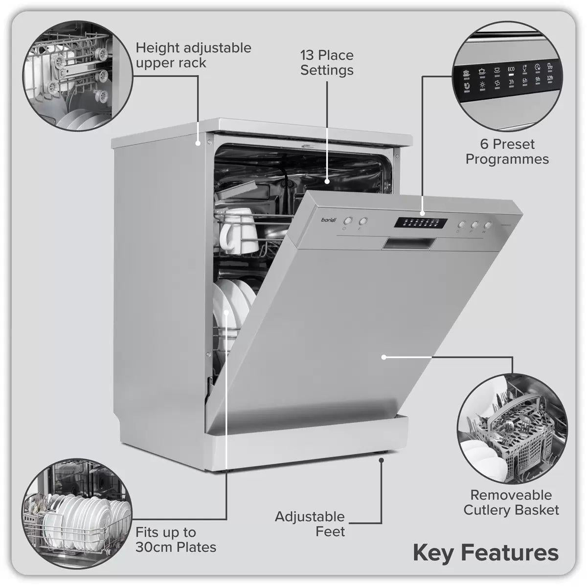 Sealey DH280 Baridi Regular Sized Freestanding Dishwasher 60cm Wide 13 Place Settings Silver 230V