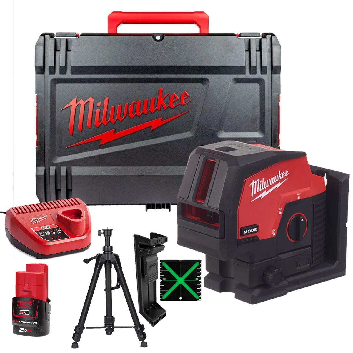 Milwaukee M12CLLP-0 12V Green Cross Line 2 Plane Laser 360° Case with 1 x 2.0Ah Battery Charger & Laser Tripod