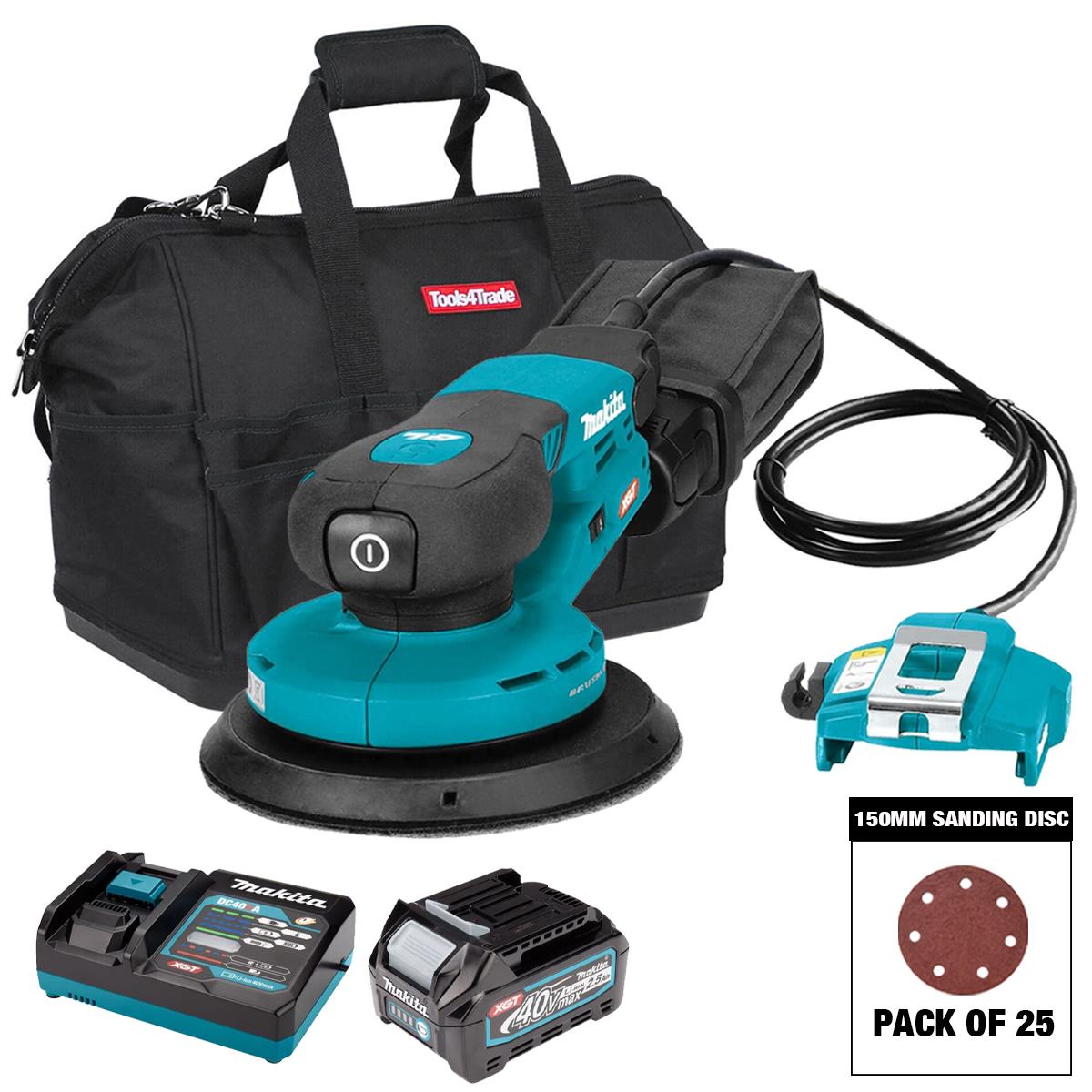 Makita BO002CGZ 40VMax XGT 150mm Brushless Random Orbit Sander with Sanding Disc Mix Grit Pack of 25 & 1 x 2.5Ah Battery, Charger & Bag