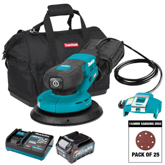 Makita BO002CGZ 40VMax XGT 150mm Brushless Random Orbit Sander with Sanding Disc Mix Grit Pack of 25 & 1 x 2.5Ah Battery, Charger & Bag