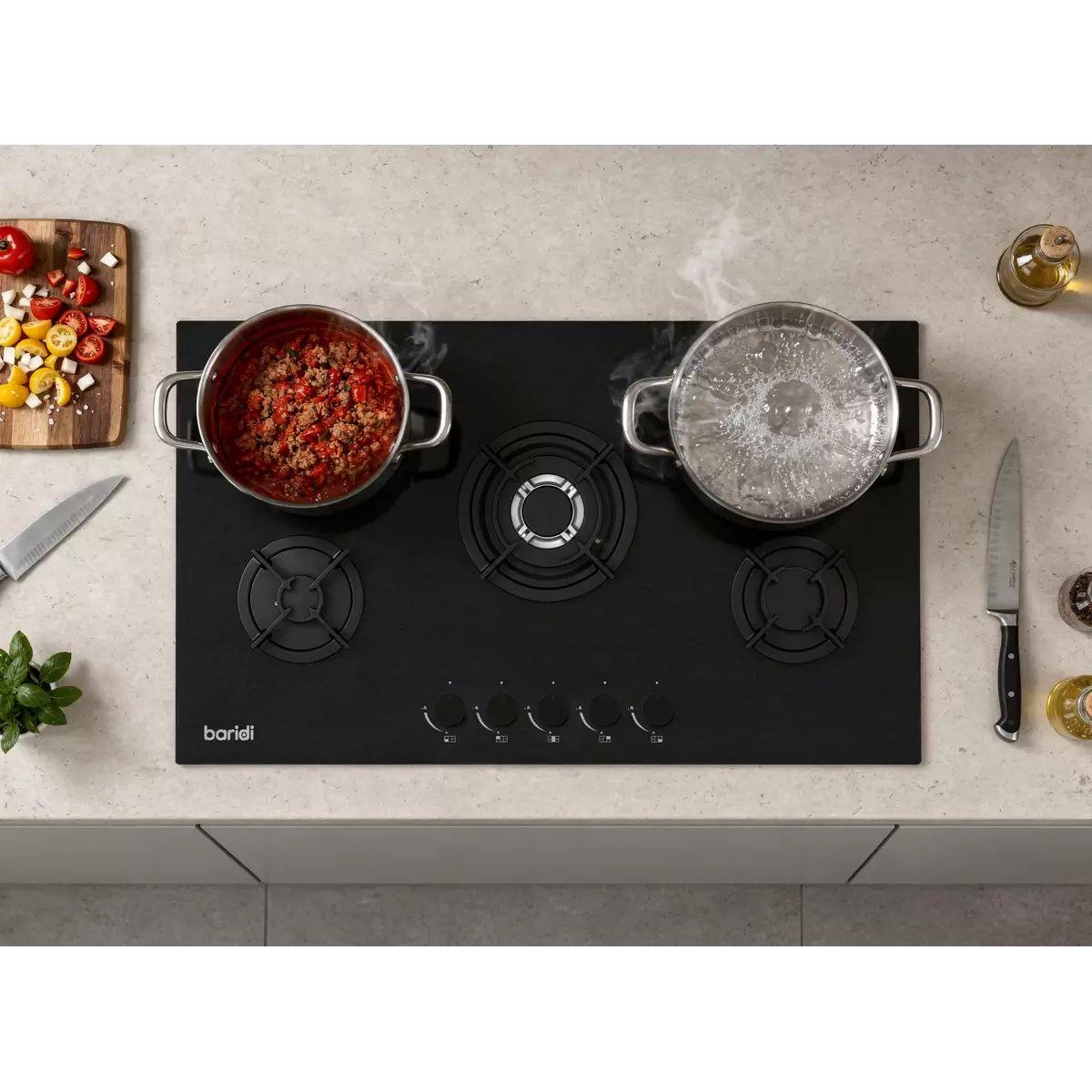 Sealey DH385 Baridi 90cm Gas Hob Matt Black 5 Burners Cast Iron Supports & Auto Ignition 10.4kW/230V