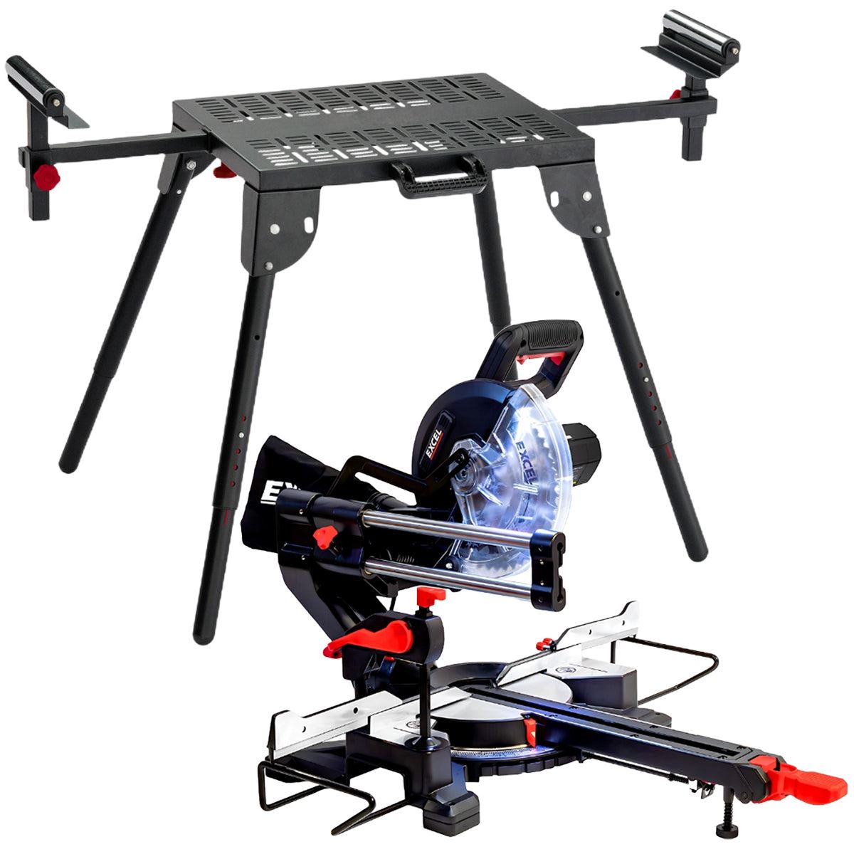Excel 216mm Sliding Mitre Saw 240V/1700W with LED Light & Universal Stand