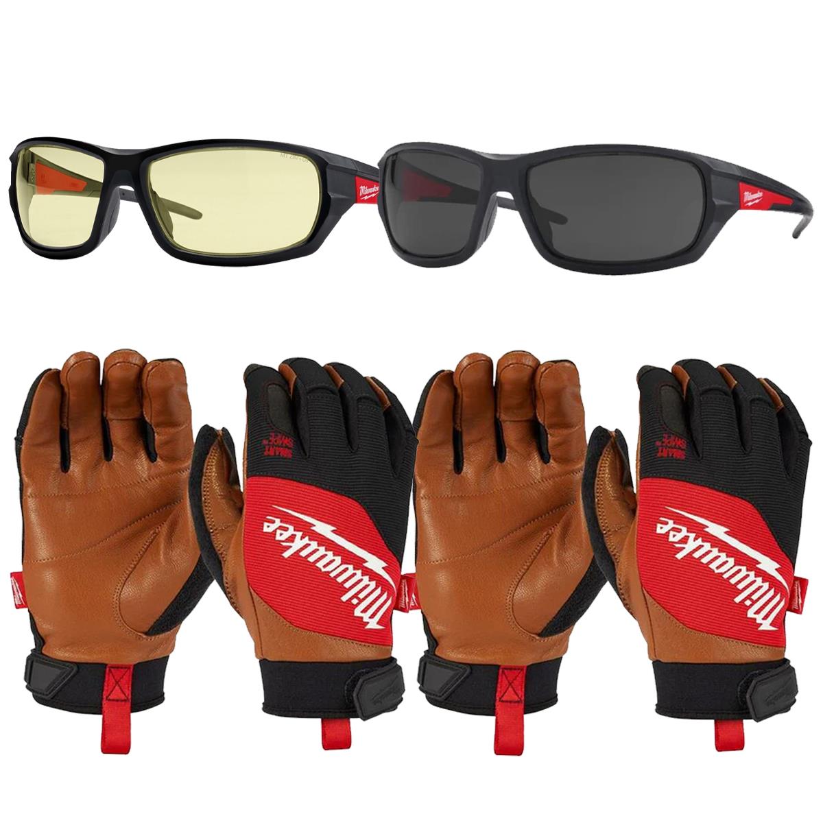 Milwaukee Performance Safety Glasses with Combo Hybrid Leather Gloves XL