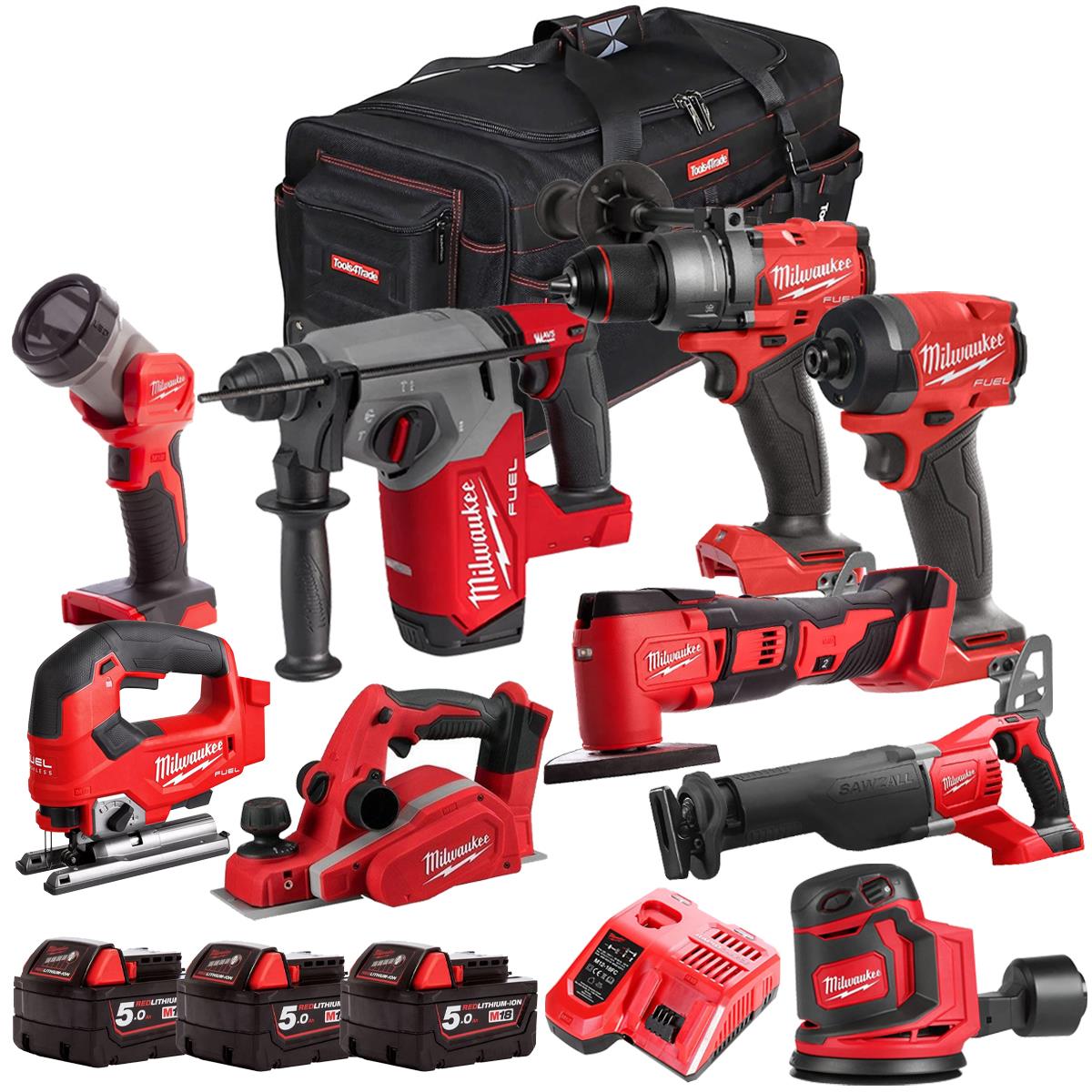 Milwaukee 18V 9 Piece Combo Kit with 3 x 5.0Ah Batteries & Charger M18T4TKIT-4800