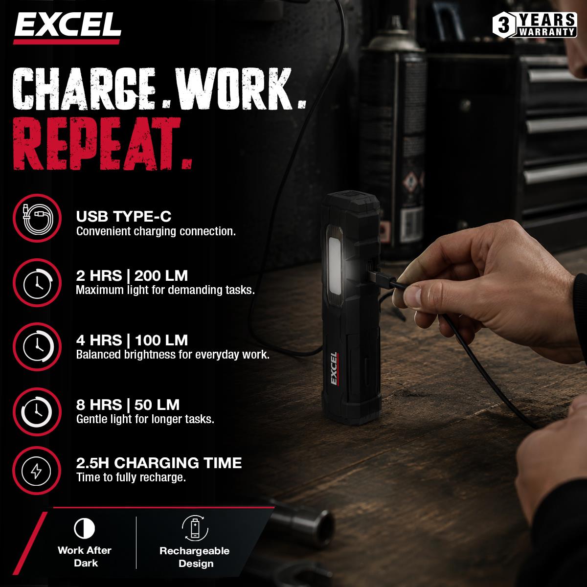Excel 200 Lumens LED Rechargeable Magnetic Handheld Work Light with Flashlight