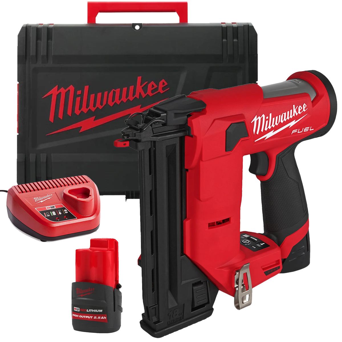 Milwaukee M12FCN18GS-0X 12V Brushless Bard Nailer with 1 x 2.5Ah Battery Charger & Case