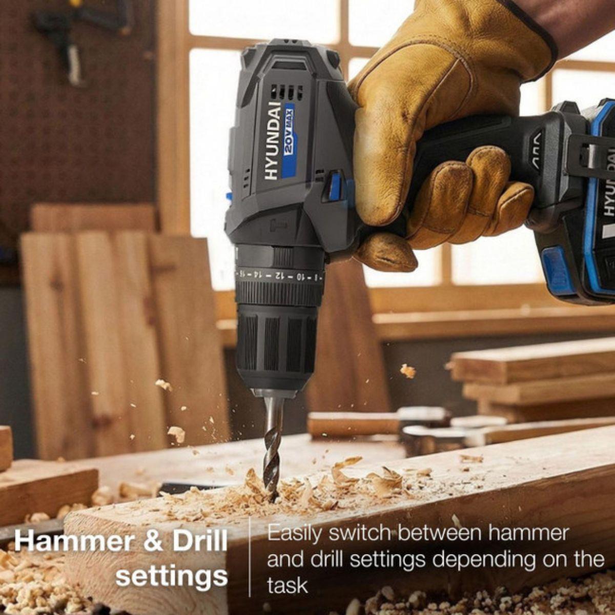 Hyundai HD20S-50TT 20V Cordless Hammer Drill  1 X 2Ah Battery and Charger With 75 Piece Accessory Kit in Carry Case
