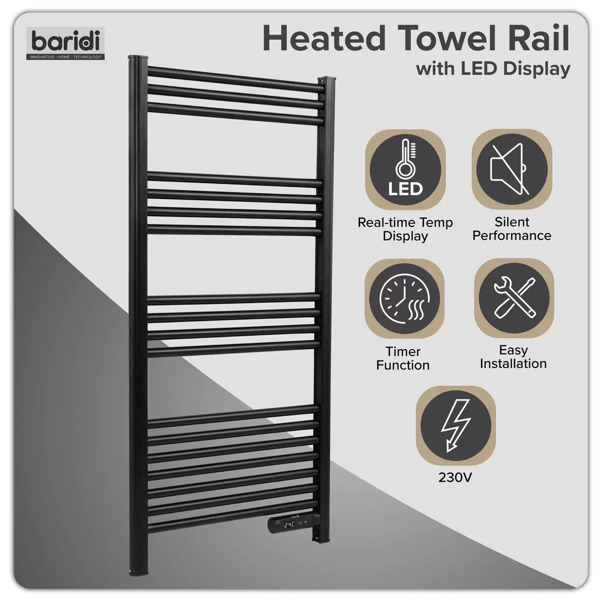 Sealey DH371 Baridi Electric Heated Towel Rail 1085 x 535mm with LED Display Black 230V