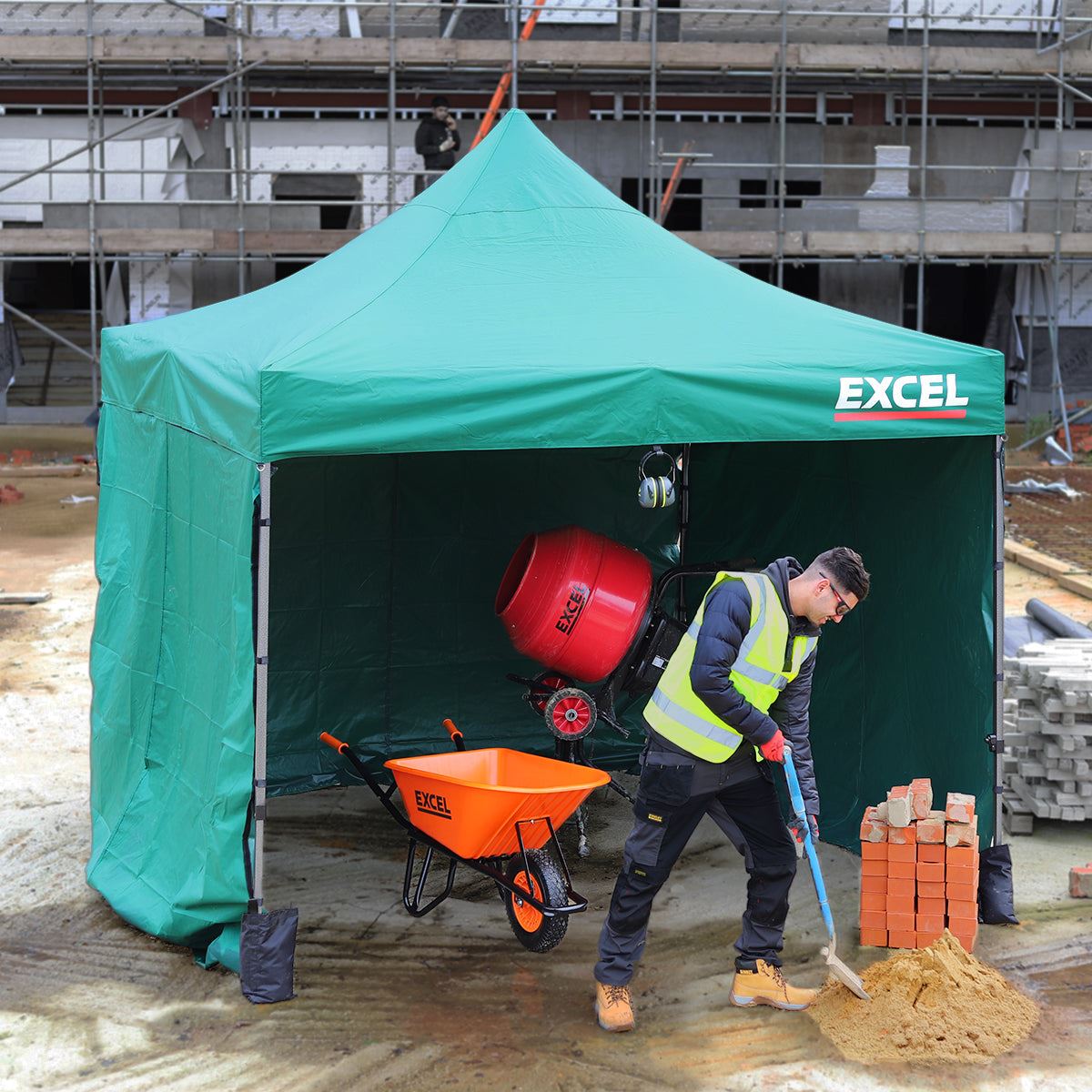Excel Steel Gazebo 3m x 3m Green with Wheel Bag, Wall panel, Sand Bag