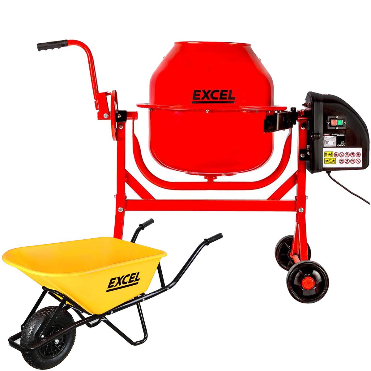 Excel 70L Portable Cement Concrete Mixer 240V/220W with Wheels & 100L Wheelbarrow Yellow HDPE Tray